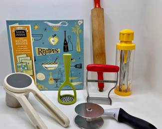Kitchen Tools: New Cookbook, Ricer, Masher, Dough Mixer, Pizza Cutter, Corn Cutter & Vintage Rolling Pin
Lot #: 144