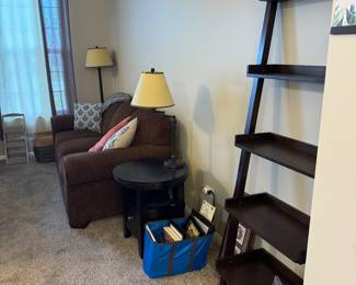Shelves, couch, end table