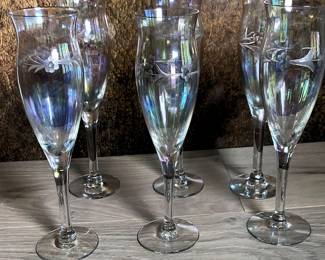 6 etched floral champagne glasses Reserve $25