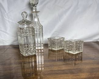 2 glass decanter and 2 glass tea candle holder