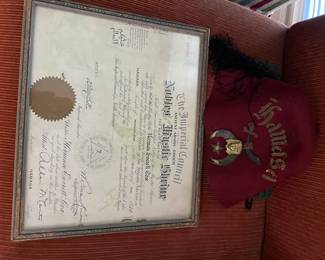 Shriner hat fez and certificate from 1920.