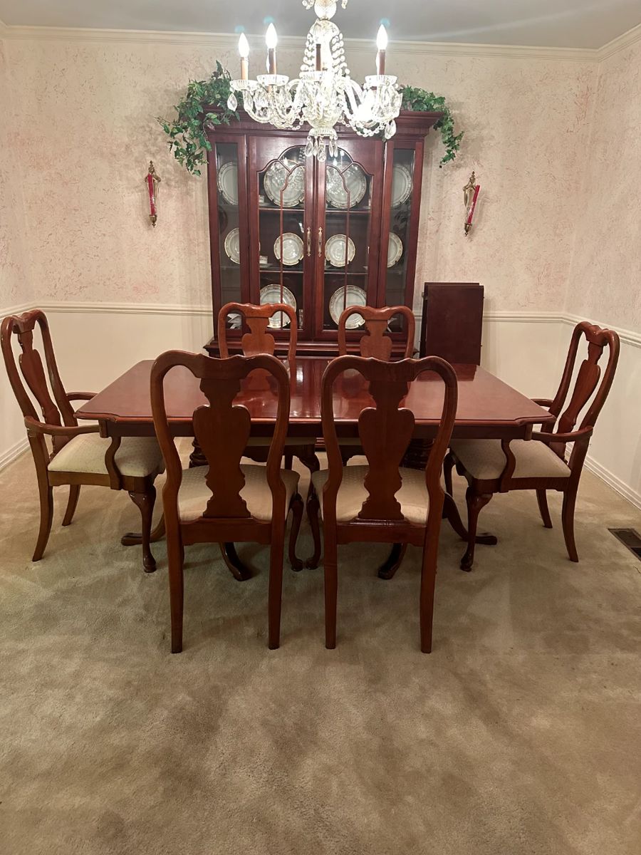 #1  American Drew Table with 2 leaves (leaves in as in condition) with 6 chairs (chair seats fabric as is - easily recovered)  65-93x41x29  $275.00    #2  Cabinet American Drew China Cabinet with 2 glass front doors, 2 glass shelves, 1 wood shelf with back plate rack, 3 wood drawers & 2 wood doors with bottom shelf - lighted   52Hx16Dx78.5T  $275.00 