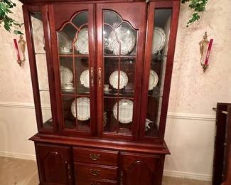 #2  (View 3) Cabinet American Drew China Cabinet with 2 glass front doors, 2 glass shelves, 1 wood shelf with back plate rack, 3 wood drawers & 2 wood doors with bottom shelf - lighted   52Hx16Dx78.5T  $275.00 