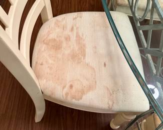 #16  (View 3) Square Glass Top Table on Heavy Metal Base with 4 heavy Wood Chairs - (seats in need of recovering and some love)  41sq x 29T - Glass 1.5" Thick on top $100.00