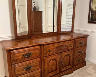 #18  Sumter Cabinet Co Dresser with 9 Drawers, 2 wood doors & triple bi-fold mirror - 73.5"x20Dx31.5"T  $275.00 
