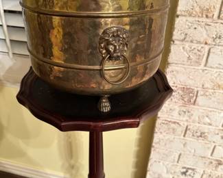#14  (View 3) Laminate Fern Stand - 13 round x 36T  $25.00    #15  Brass Pot with Lion Head Handles & Claw Feet - 10in W  $25.00