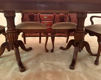 #1  (View 5) American Drew Table with 2 leaves (leaves in as in condition) with 6 chairs (chair seats fabric as is - easily recovered)  65-93x41x29  $275.00