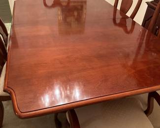 #1 (View 2) American Drew Table with 2 leaves (leaves in as in condition) with 6 chairs (chair seats fabric as is - easily recovered)  65-93x41x29  $275.00