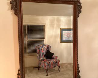 #5  (View 3) Pulaski Furniture Carved Wood Display Cabinet with 2 glass doors & 1 shelf with plate rack, lighted   35.5x13Dx31T  $125.00    #6  (View 3) Mirror Carved Heavy Beveled Mirror - 27x48  $100.00 
