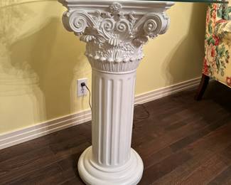 #12  (View 2) Heavy Carved White Resin Base with Round Glass Top Table - 30round x 48  $75.00    #13  (View 2) Heavy Bras Base Buffet Lamp 36in Tall  $75.00