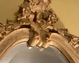 #40  (View 4) Cream-Taupe Speckled Carved Beveled Mirror - 36in tall  $75.00 