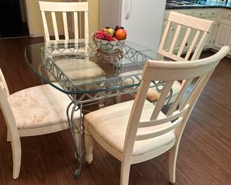 #16 Square Glass Top Table on Heavy Metal Base with 4 heavy Wood Chairs - (seats in need of recovering and some love)  41sq x 29T - Glass 1.5" Thick on top 
$100.00 
