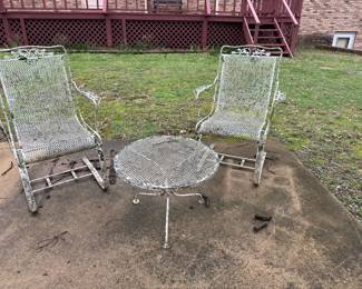 #37 Wrought Iron Set of 2 bouncy chairs & Small Table (needs pressure washing)  very heavy $125.00 
