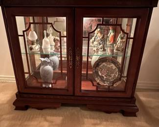 #5  Pulaski Furniture Carved Wood Display Cabinet with 2 glass doors & 1 shelf with plate rack, lighted   35.5x13Dx31T  $125.00    #6  Mirror Carved Heavy Beveled Mirror - 27x48  $100.00 
