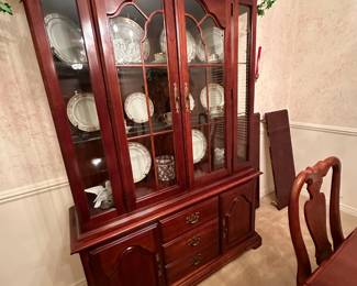 #2  (View 2) Cabinet American Drew China Cabinet with 2 glass front doors, 2 glass shelves, 1 wood shelf with back plate rack, 3 wood drawers & 2 wood doors with bottom shelf - lighted   52Hx16Dx78.5T  $275.00 