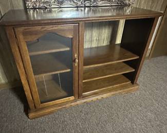 #29  Wood-Laminate Entr. Center-Record Storage Cabinet with 1 glass door with 5 shelves bottom shelf- pulls out - 52x19x37 - Very Heavy - You Move	 $75.00 
