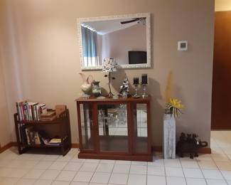 Lighted Display Case/Foyer table, Mirror, Folding Bookcase, Large Vase & Elephant