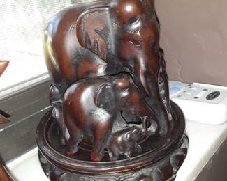 Wood Carved Elephant & Baby