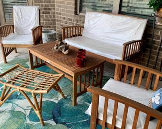 Wood patio set with new cushions still factory wrapped