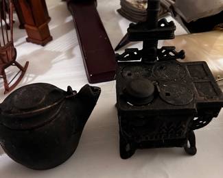 Miniature cast iron stove and coffee pot 
