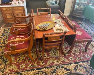 Beautiful antique Duncan Phyfe dining set with needlepoint chairs