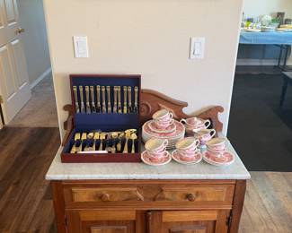 Antique marble top commode English transferware dish set