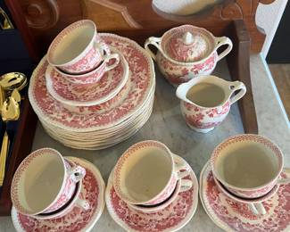 Red transferware dish set from England