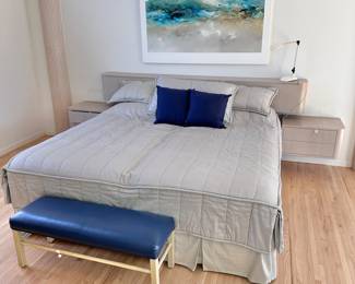 Leather bench, king size bed, signed painting 