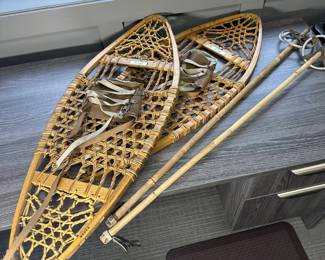 Vintage Wood and Rawhide Snocraft Snow Shoes with Poles