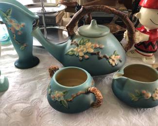 Roseville Appleblossom teapot cream and sugar