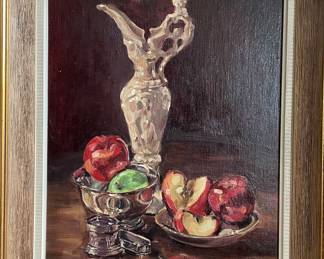 Painted by the artist when she was a teen, these two small paintings were a surprise anniversary present for her parents. Among the assembled objects is a decorative white china pitcher. It is more then 100 years old and is in the sale.