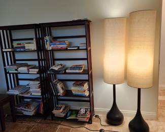 Pair of giant lamps and book shelves