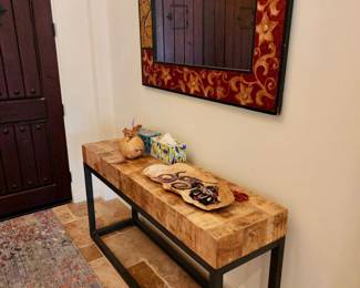 Beautiful console table, wool rug, Spanish style mirror