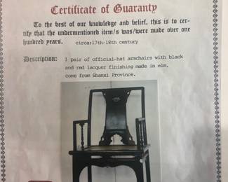 Certificate of Guaranty for Official-Hat Armchairs.