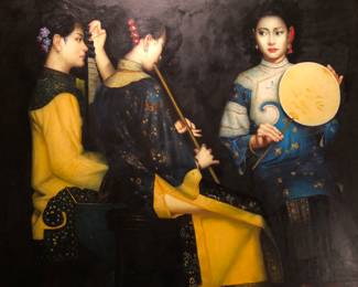 Chen Yifei Style Oil on Canvas 'Three Shanghai Ladies Performing' or 'Beautiful Musicians' Framed art measures approx. 45in x 37.3/4in