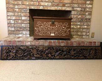 Trunk/Chest with inlaid Mother Of Pearl. (L: 27.1/4in | D: 13.3/4in | H: 16in ). Carved Wood Panel (L: 69.1/4in | W: 9.1/4in)