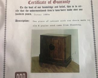 Certificate of Guaranty for antique Chinese cabinet.