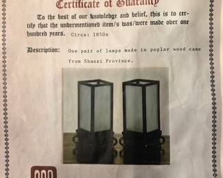 Certificate of Guaranty for Lanterns