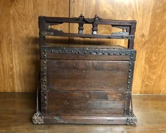 Antique hardwood and iron one piece food carrier with 2 compartments made in Tong mu came from Shanxi Province. Circa 1800's.