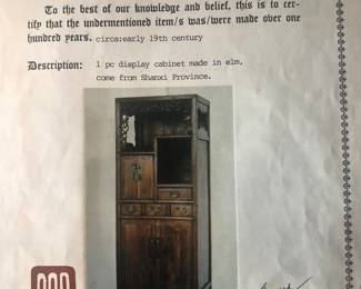 Certificate of Guaranty for 1 piece display cabinet