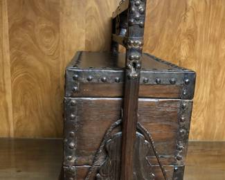 Antique hardwood and iron one piece food carrier with 2 compartments made in Tong mu came from Shanxi Province. Circa 1800's. - side view
