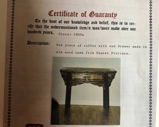Certificate of Guaranty for Coffer side table.