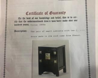 Certificate of Guaranty for the pair of Antique small cabinets/night stands