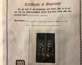 Certificate of Guaranty for Chinese carved panels