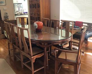Chinese crafted mortice and tenon joinery Walnut wood Dining Table with 2 Leaves and 8 Dining Chairs.