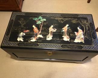 Vintage Hand Carved Black Lacquer Camphor Wood Wedding Trunk/Chest L: 39.1/2in | D: 19.1/2in | H: 21.1/2in - showing top of chest.