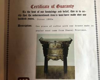 Certificate of Guaranty for One Drawer Coffer table.