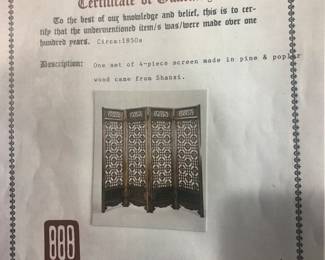 4 Piece Screen Certificate of Guaranty