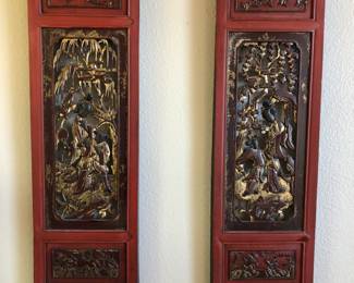 2 Antique Chinese carved panels made in Fir wood from Zhejiang province. Circa 19th century. Each Panel measures H: 36in | W: 11.1/2in