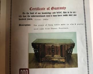 Certificate of Guaranty for Kang table.